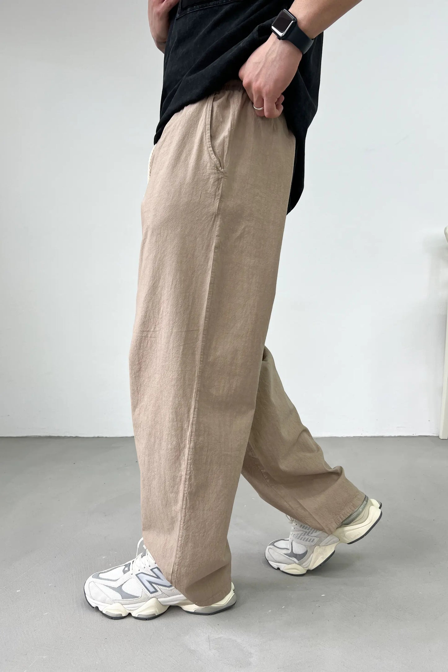 Elastic Waist Beige Linen Baggy Trousers