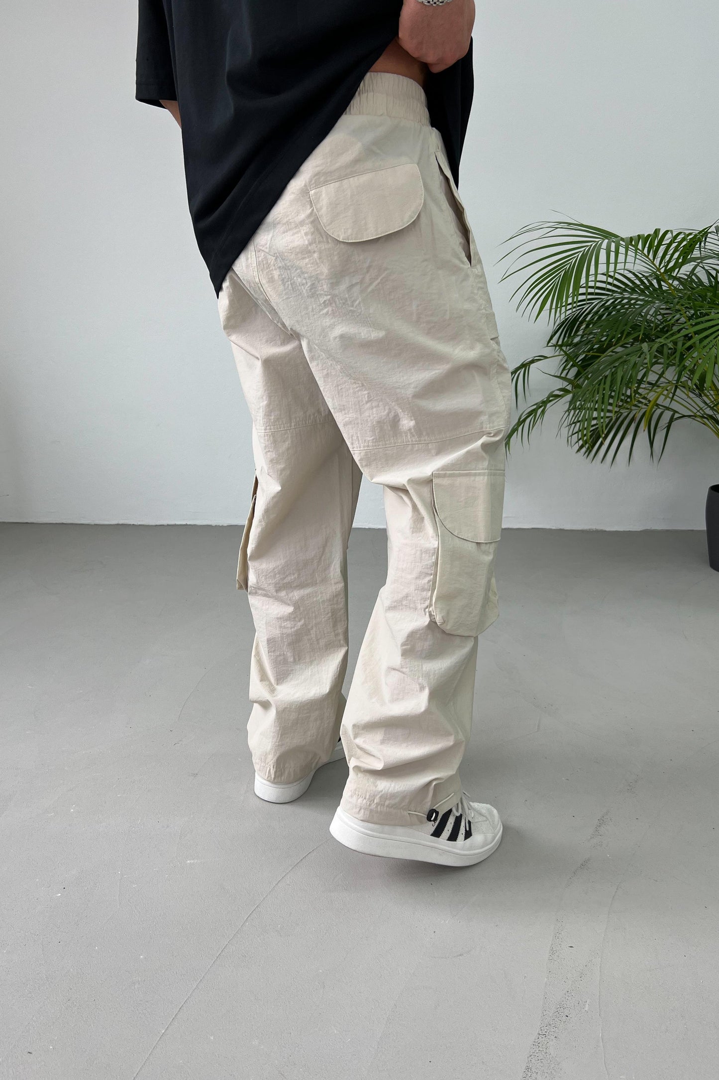 Beige Parachute Cargo Pants