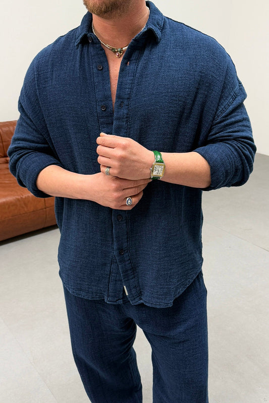 WASHABLE SPECIAL DESIGN RAW LINEN SUIT • NAVY BLUE