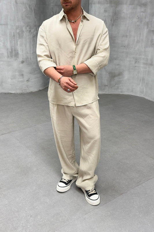 PLEATED PANTS WITH TENS FABRIC SET • CREAM
