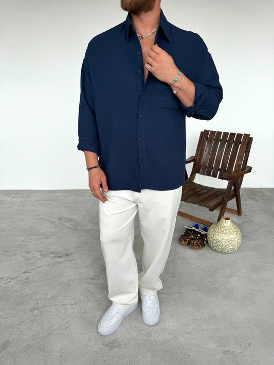 Textured Linen Navy Blue Shirt