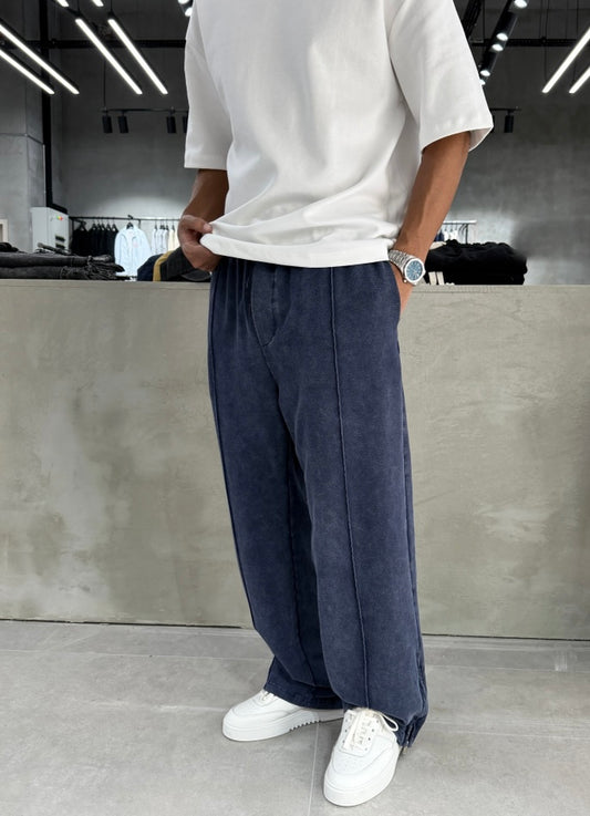 Navy Washed Baggy Sweatpants with Zipper Detail