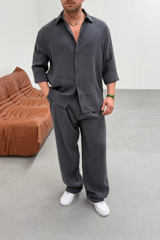 WASHABLE PLEATED PANTS TENSEL FABRIC SET • ANTHRACITE