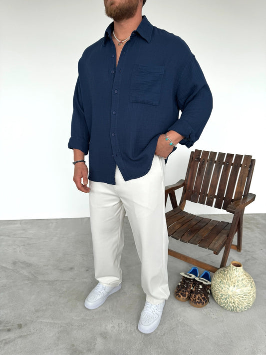 Textured Linen Navy Blue Shirt