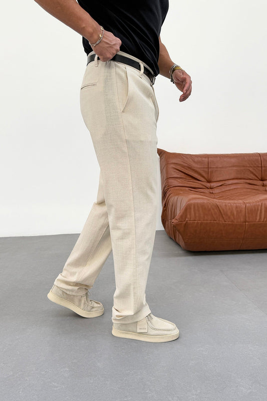 REGULAR FIT PLEATED LINEN TROUSERS • CREAM