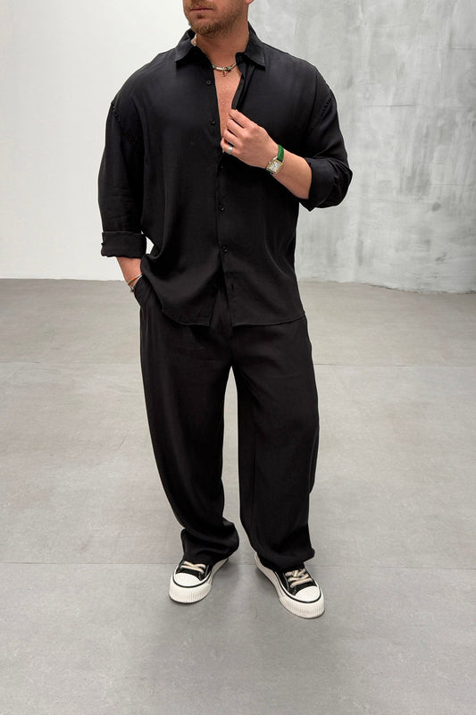 PLEATED PANTS WITH TENS FABRIC SET • BLACK
