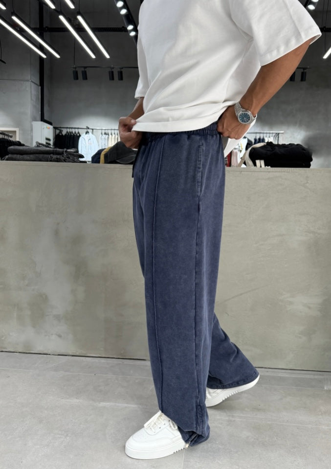Navy Washed Baggy Sweatpants with Zipper Detail