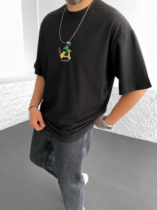 Black Scootin Embroidered Oversize T-Shirt