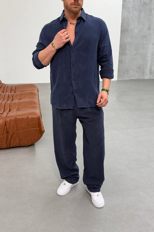 WASHABLE PLEATED PANTS WITH TENS FABRIC SET • NAVY BLUE