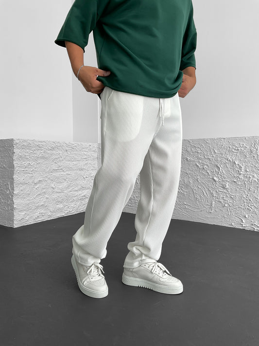 White Ribbed Tube Leg Trousers