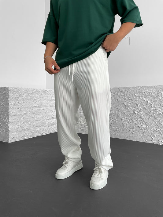 White Ribbed Tube Leg Trousers
