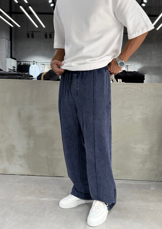 Navy Washed Baggy Sweatpants with Zipper Detail