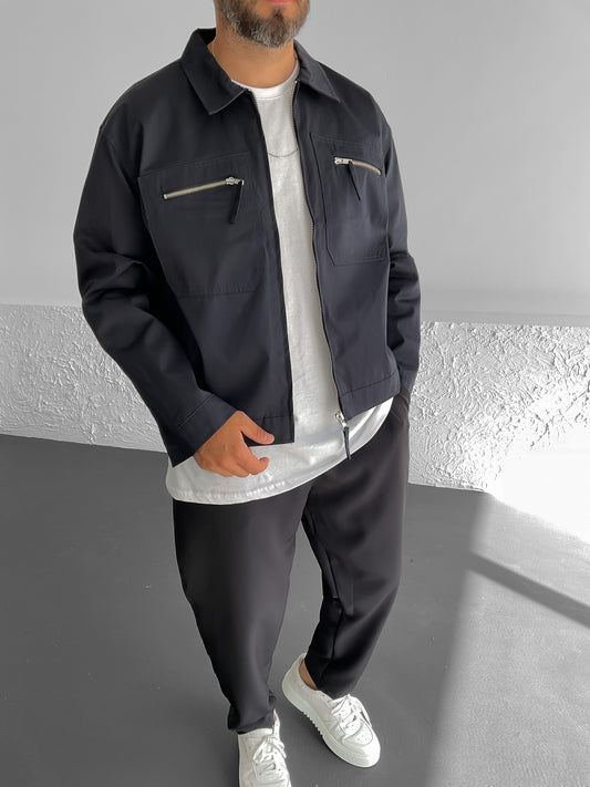 Navy Blue Double Zipper Jacket