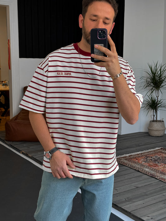 Claret Red Striped Royal Embroidered Oversize T-Shirt