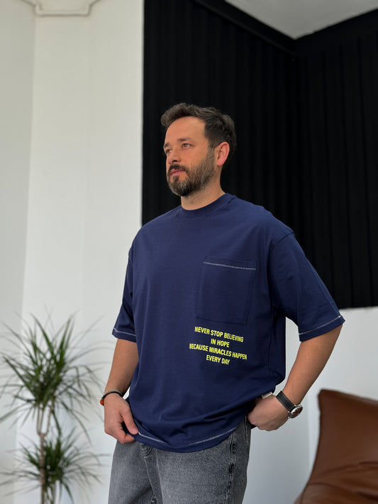 Navy Blue Pocket Printed Oversize T-Shirt