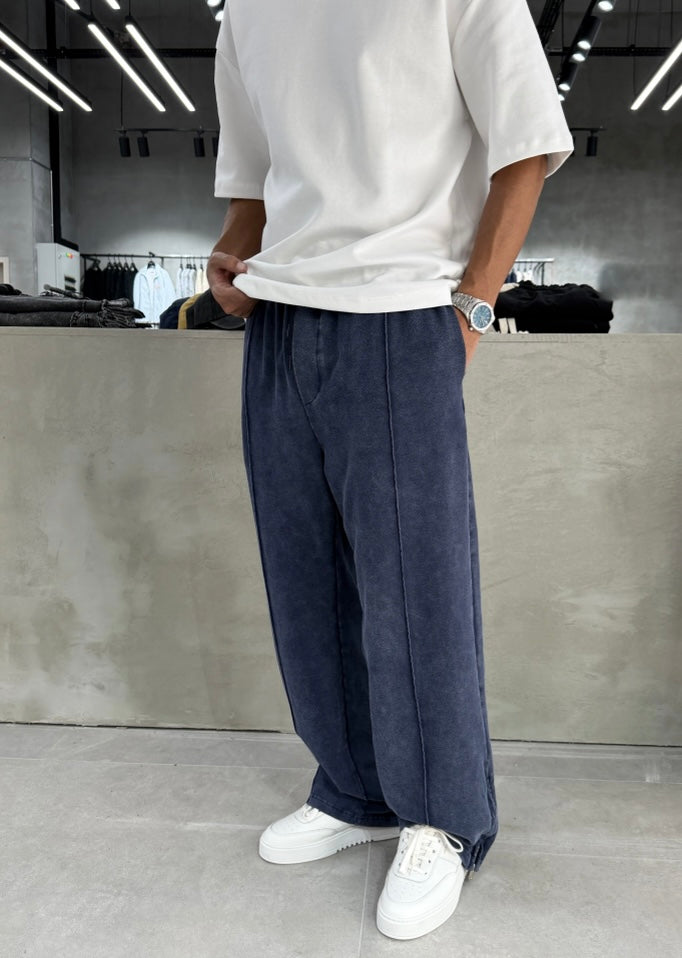 Navy Washed Baggy Sweatpants with Zipper Detail