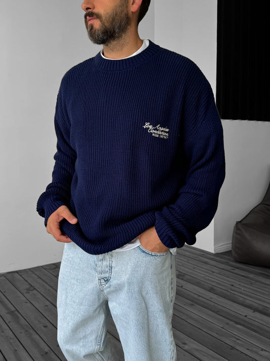 Navy Blue Los Angeles Embroidered Knitted Sweater