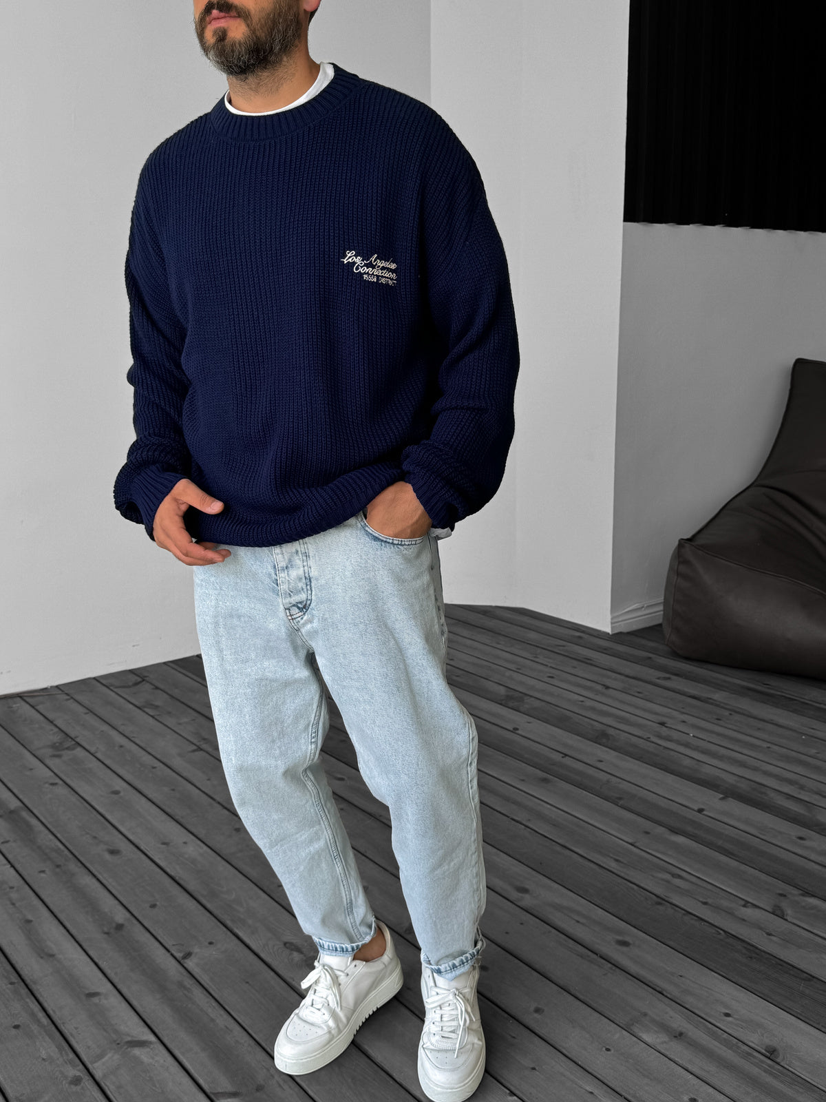 Navy Blue Los Angeles Embroidered Knitted Sweater