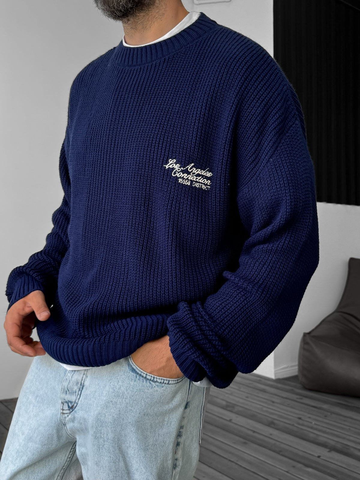 Navy Blue Los Angeles Embroidered Knitted Sweater