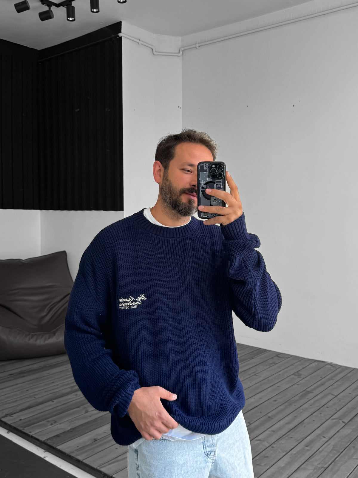 Navy Blue Los Angeles Embroidered Knitted Sweater