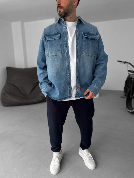 Blue Button Pocket Washed Denim Shirt