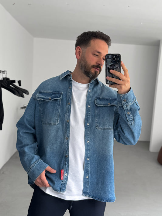 Blue Button Pocket Washed Denim Shirt