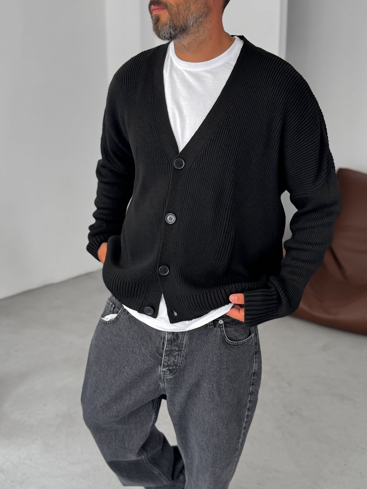 Black Buttoned Oversize Knitted Cardigan