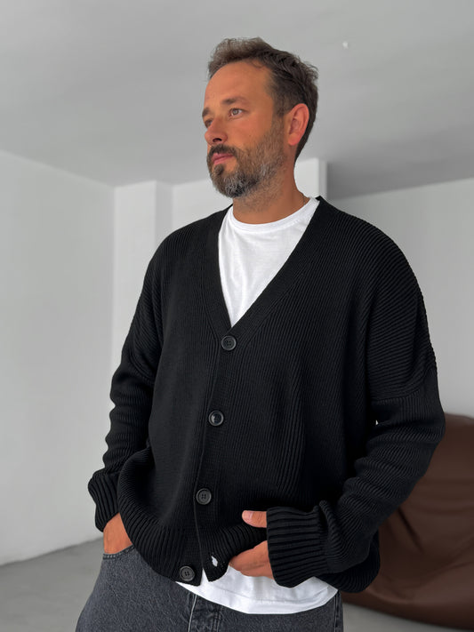 Black Buttoned Oversize Knitted Cardigan