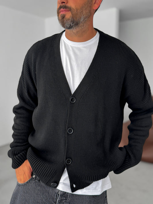 Black Buttoned Oversize Knitted Cardigan