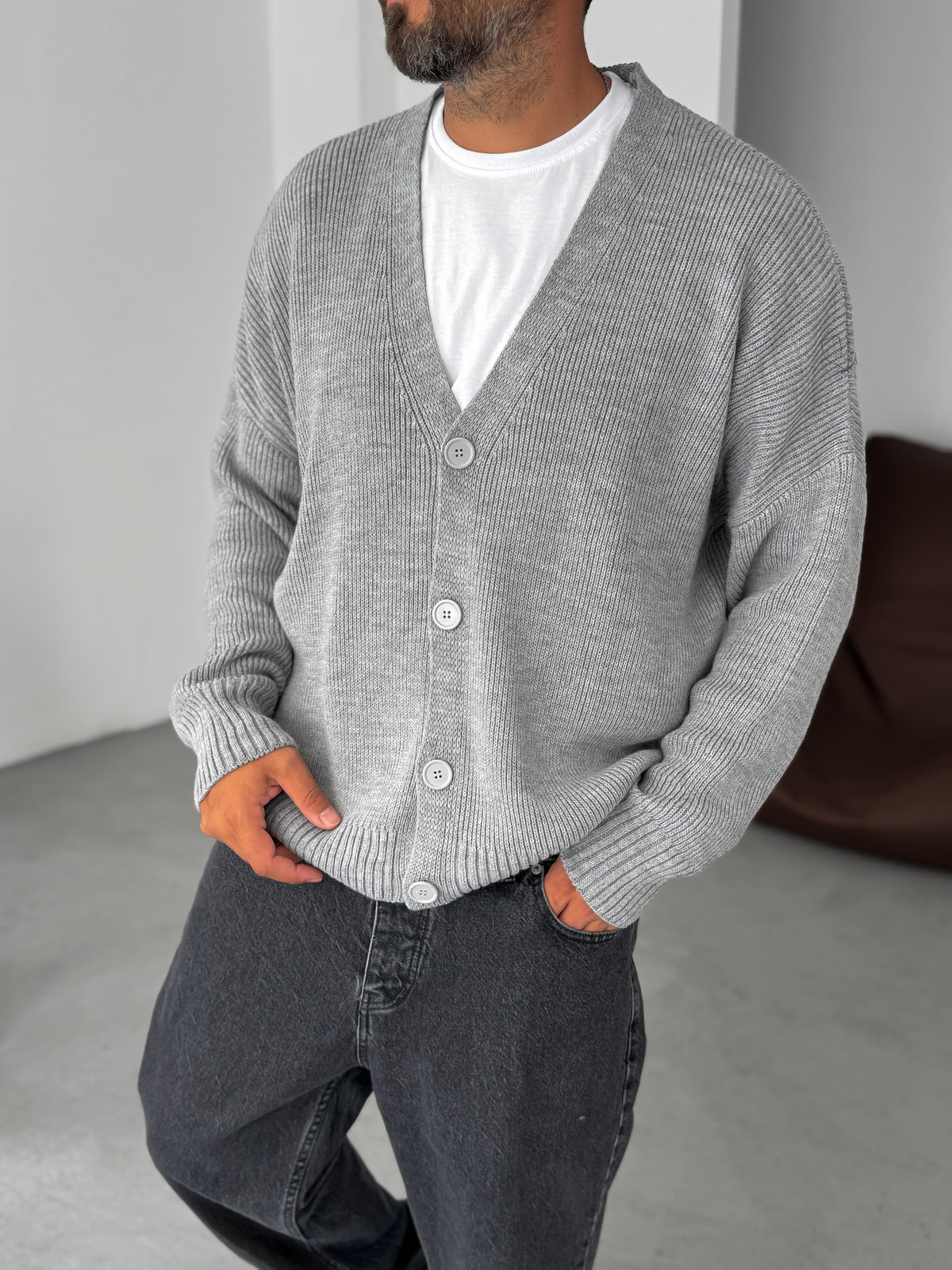 Gray Buttoned Oversize Knitted Cardigan