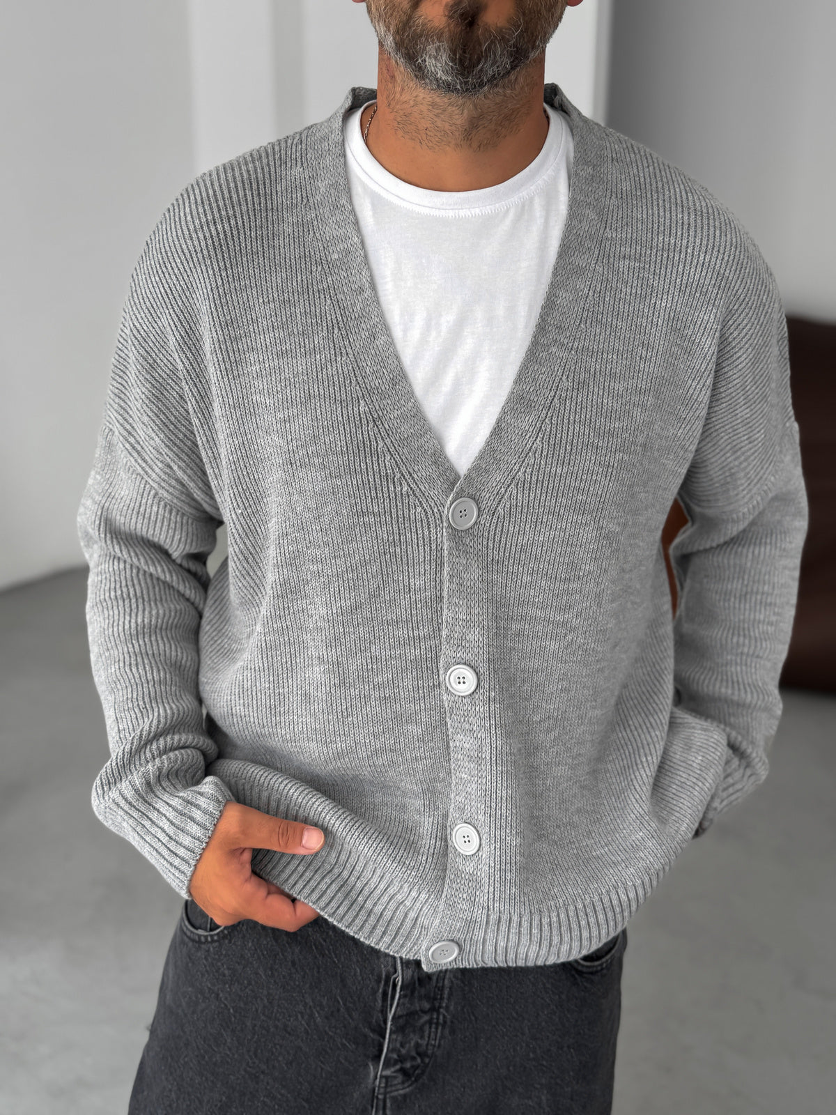 Gray Buttoned Oversize Knitted Cardigan