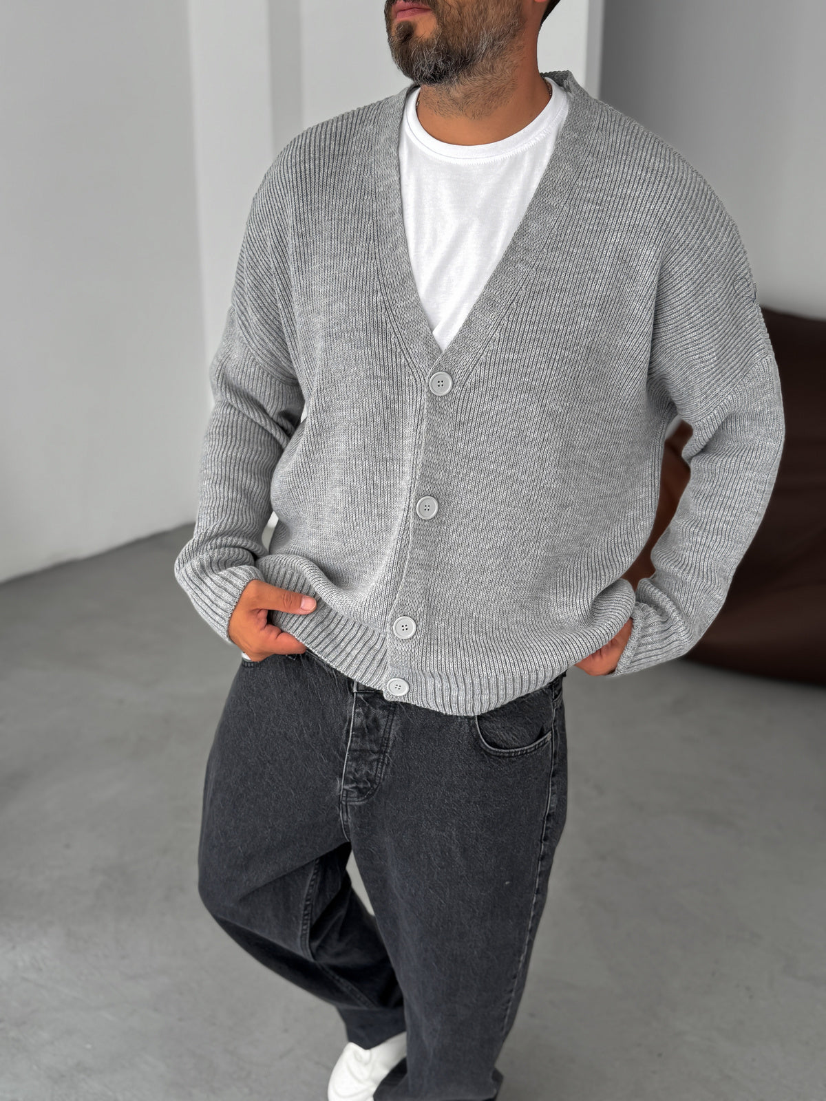 Gray Buttoned Oversize Knitted Cardigan