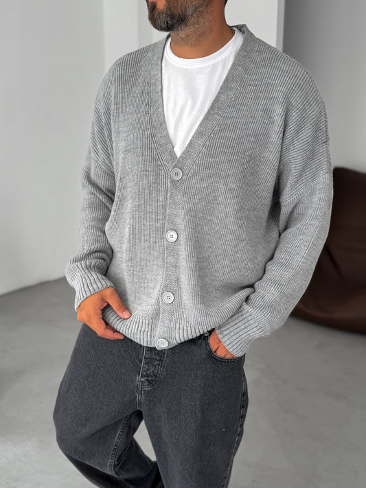 Gray Buttoned Oversize Knitted Cardigan