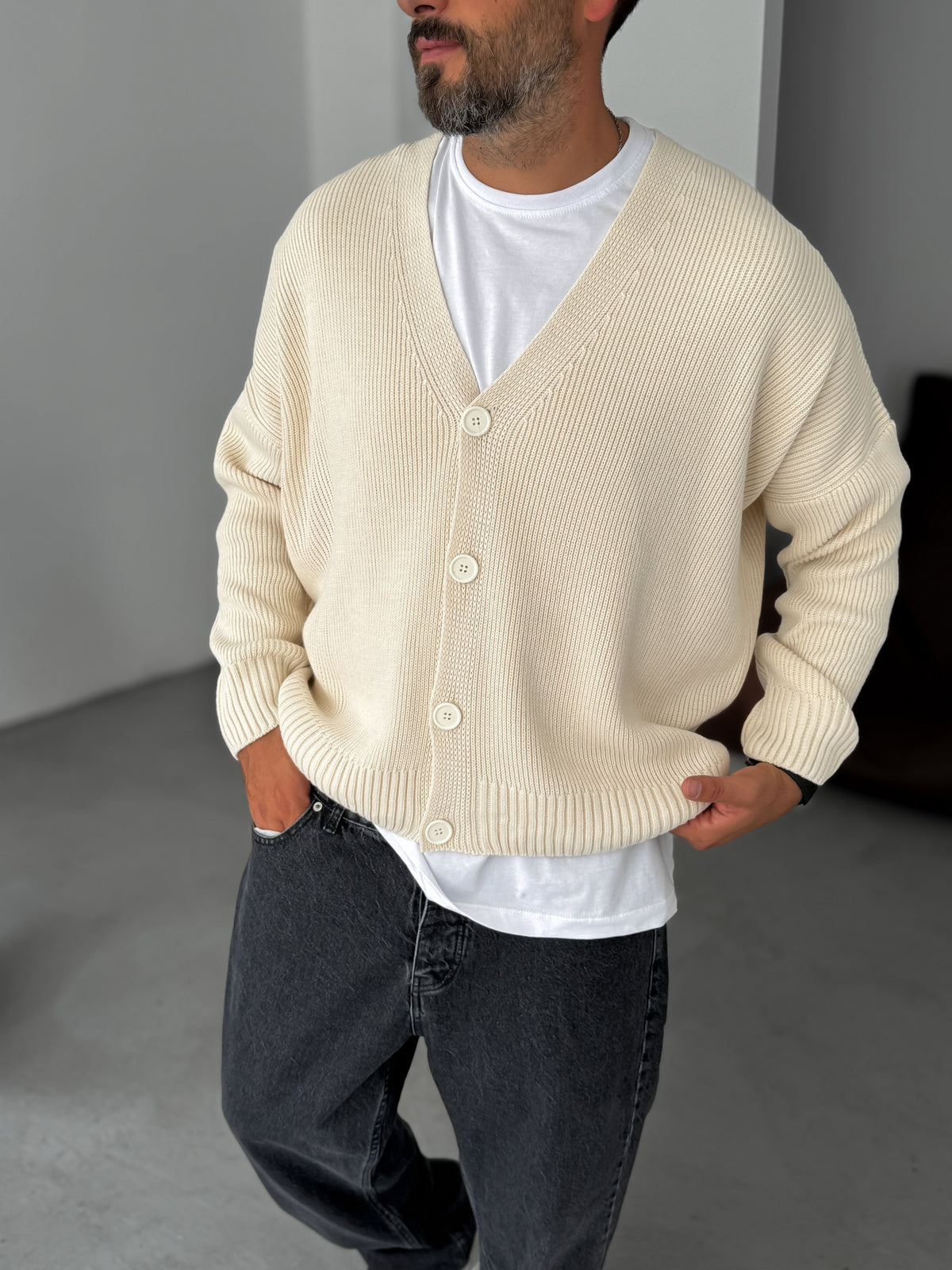 Ecru Buttoned Oversize Knitted Cardigan