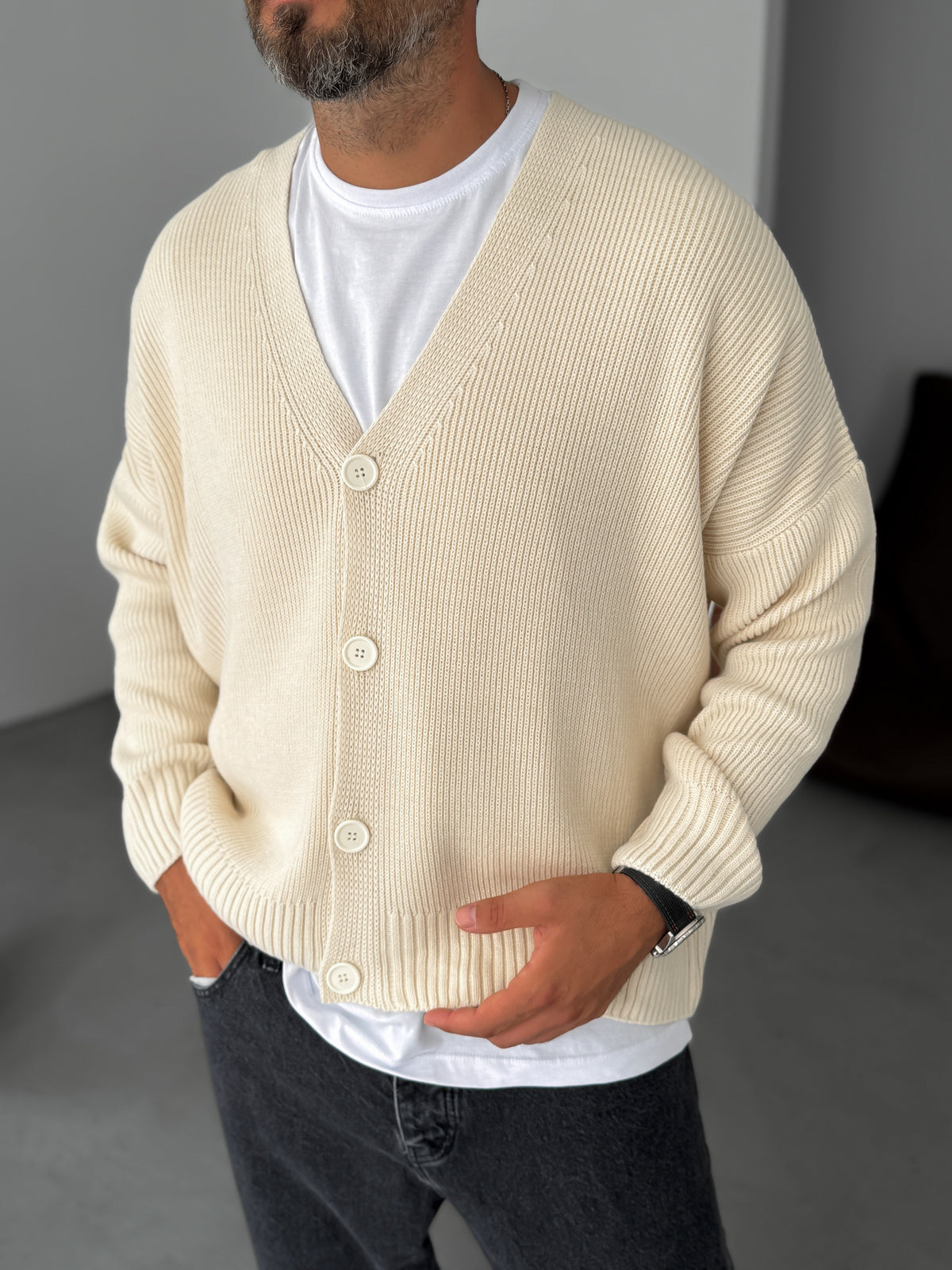Ecru Buttoned Oversize Knitted Cardigan