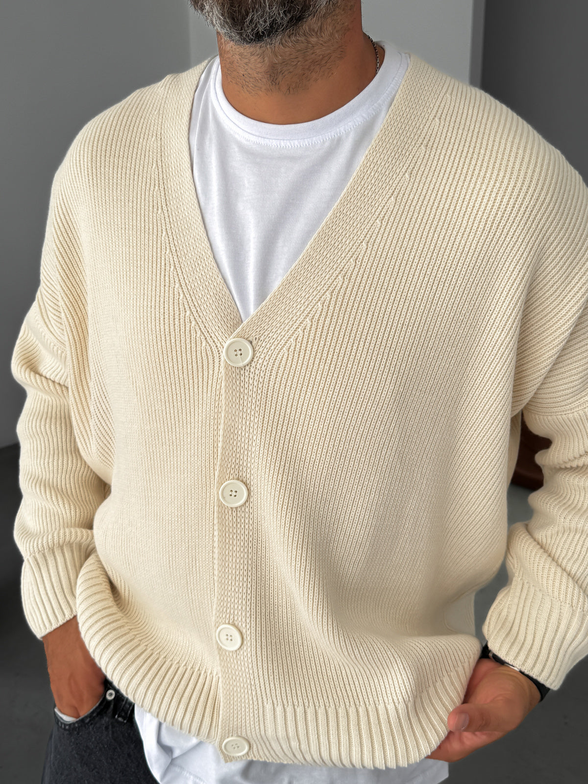 Ecru Buttoned Oversize Knitted Cardigan