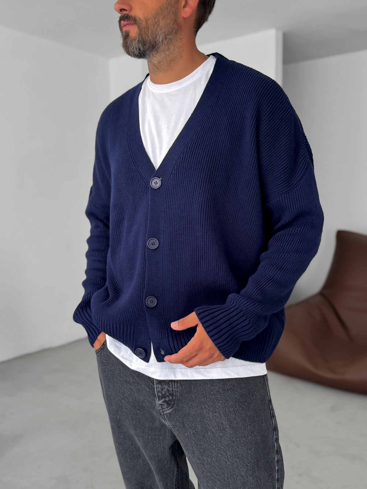 Navy Blue Buttoned Oversize Knitted Cardigan