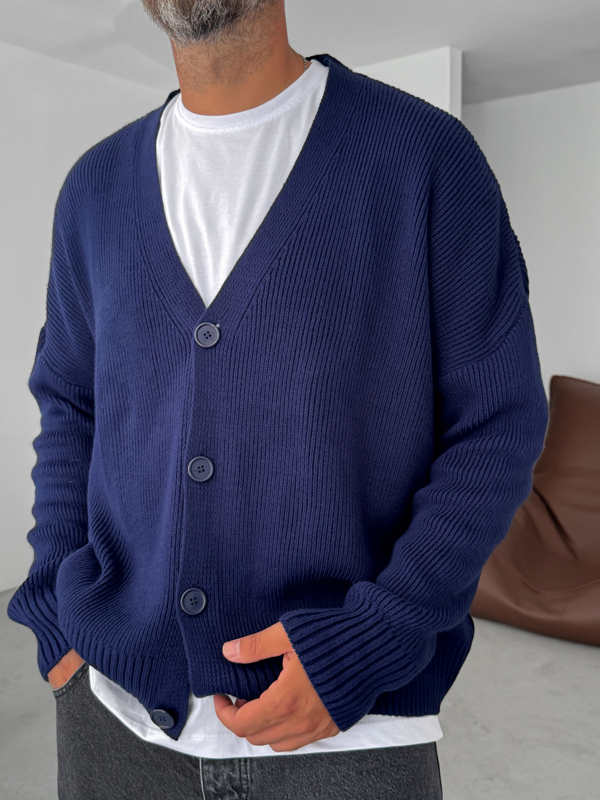 Navy Blue Buttoned Oversize Knitted Cardigan