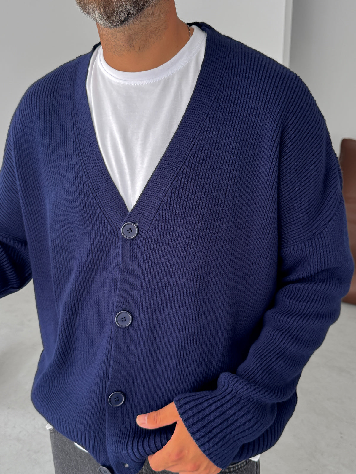 Navy Blue Buttoned Oversize Knitted Cardigan