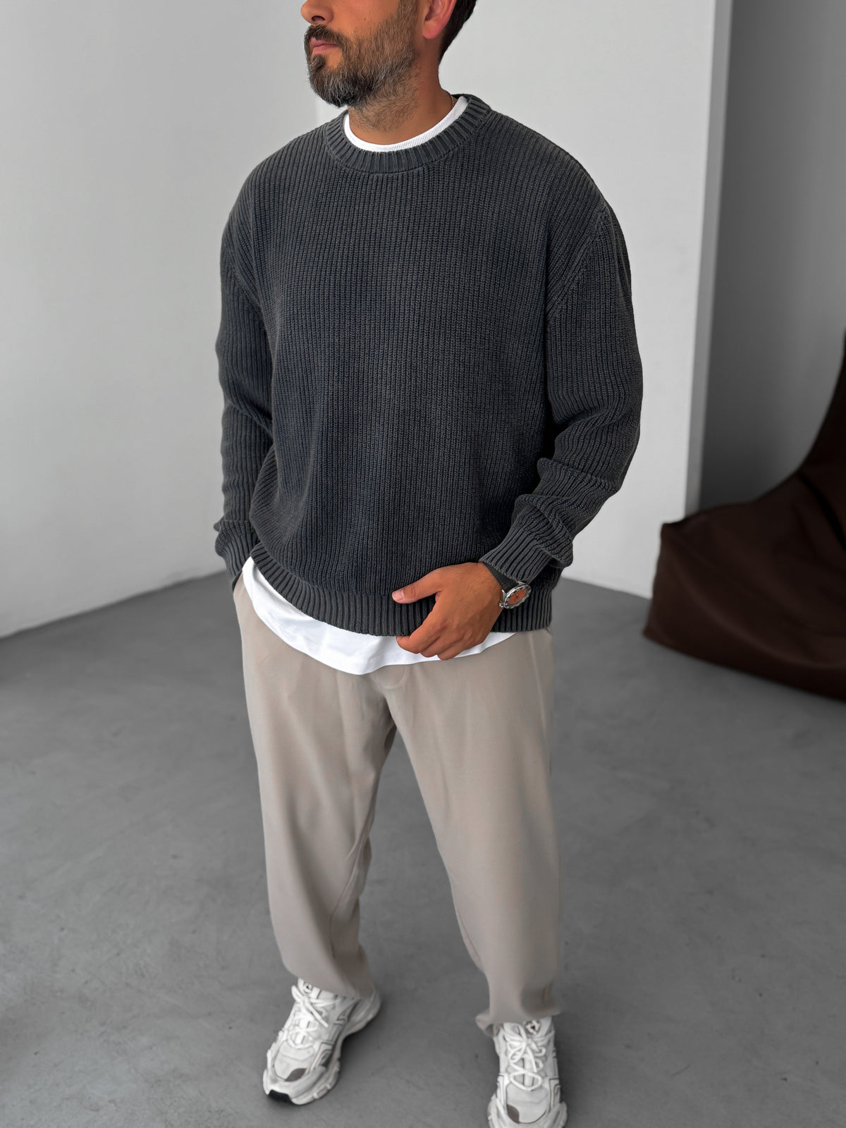 Black Washed Oversize Knitted Sweater