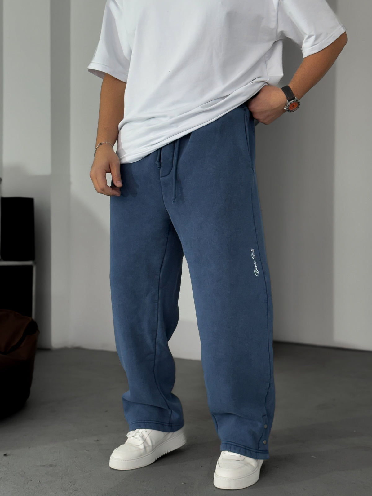 Navy Blue Buttoned-Up Washed Tracksuit