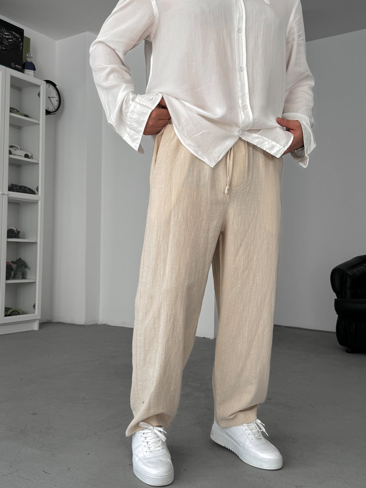 Beige Linen Textured Baggy Pants