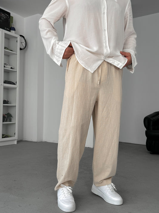 Beige Linen Textured Baggy Pants