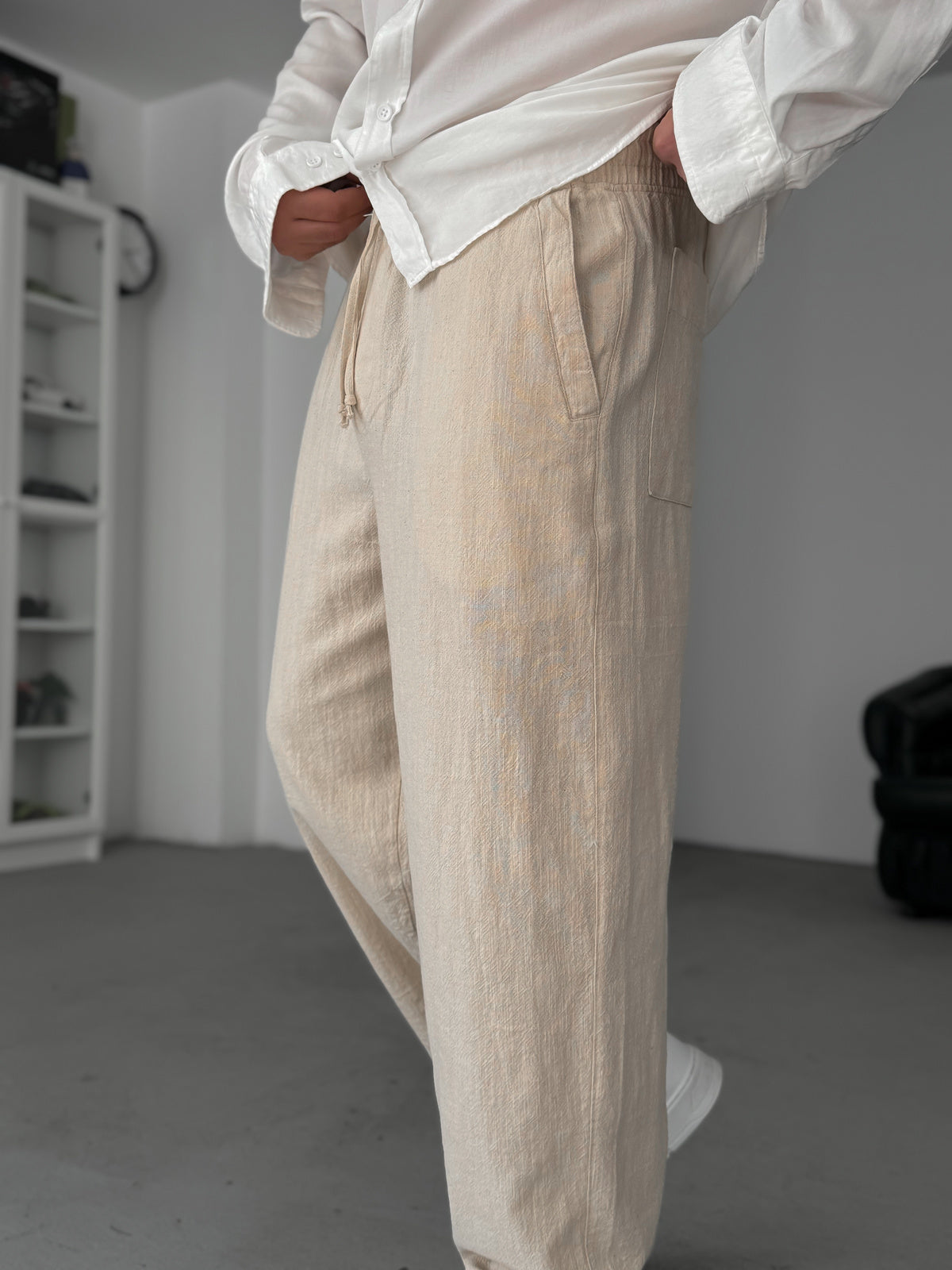 Beige Linen Textured Baggy Pants