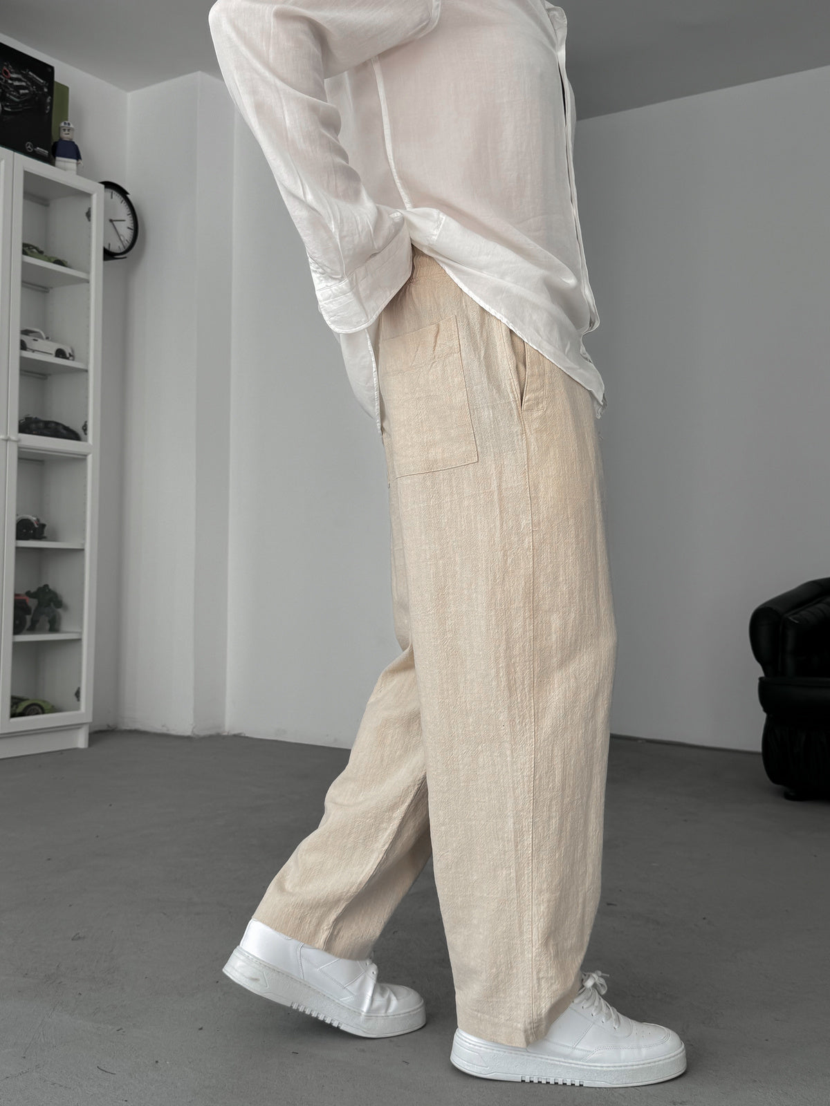 Beige Linen Textured Baggy Pants