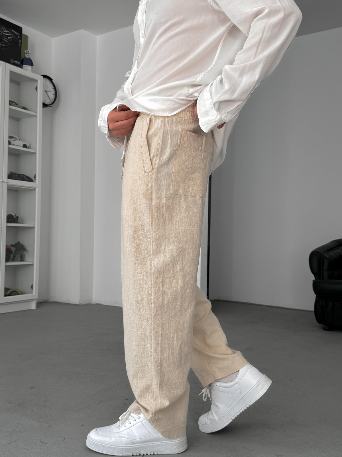 Beige Linen Textured Baggy Pants