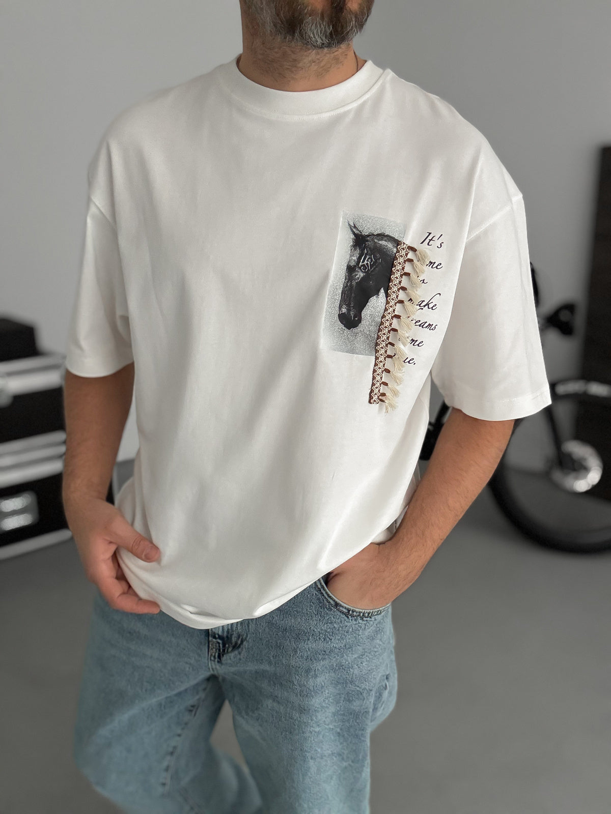 White Tassel Horse Print Oversize T-Shirt