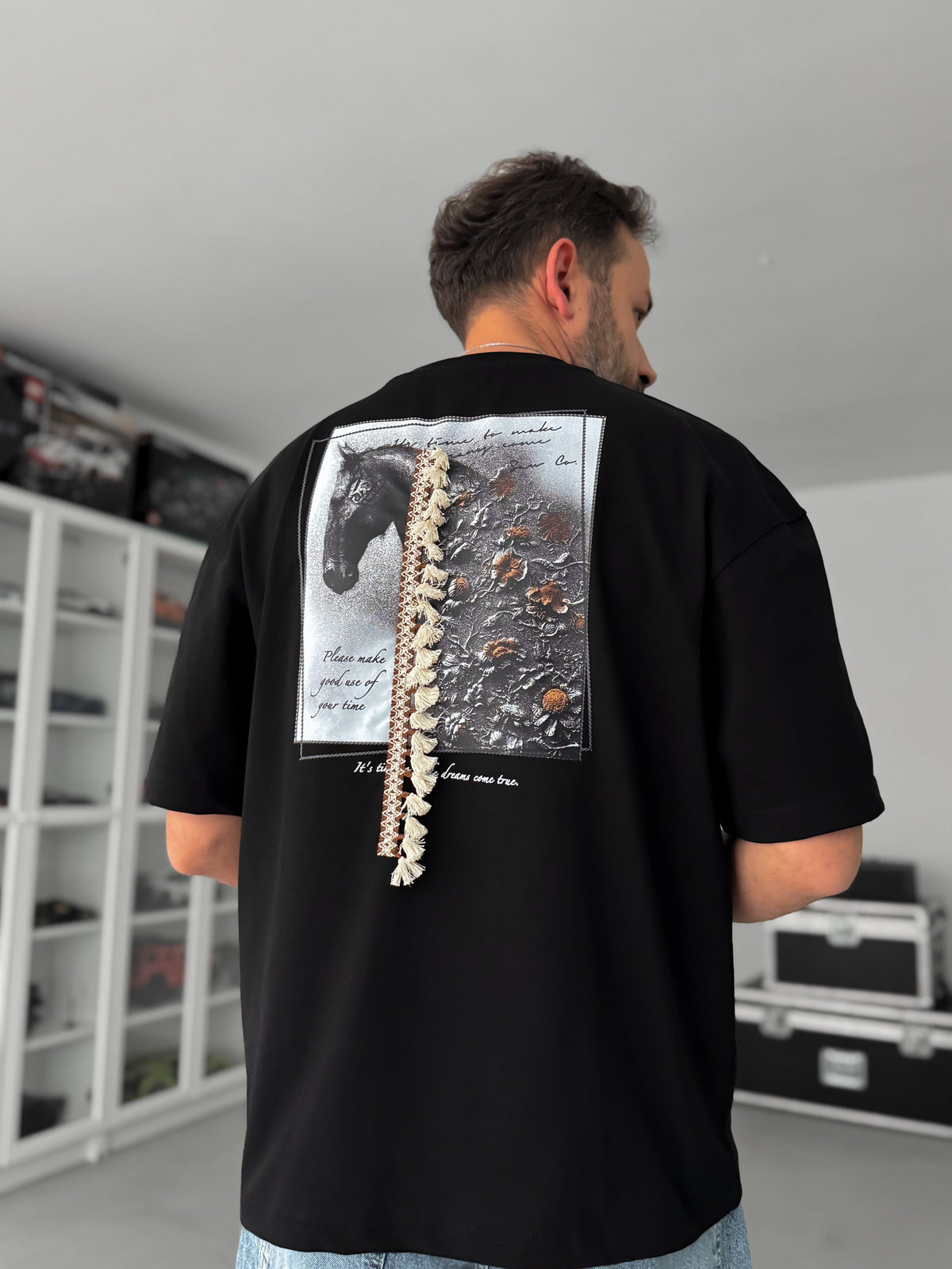 Black Tassel Horse Print Oversize T-Shirt