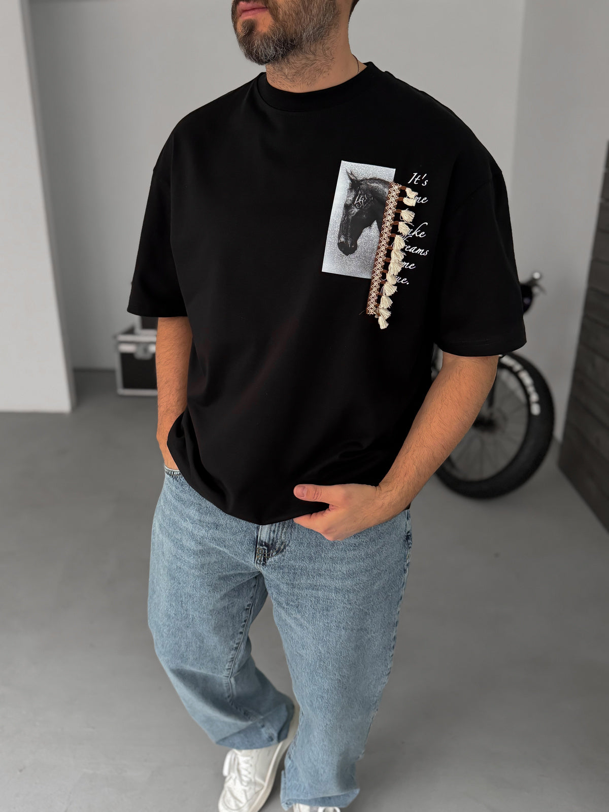 Black Tassel Horse Print Oversize T-Shirt