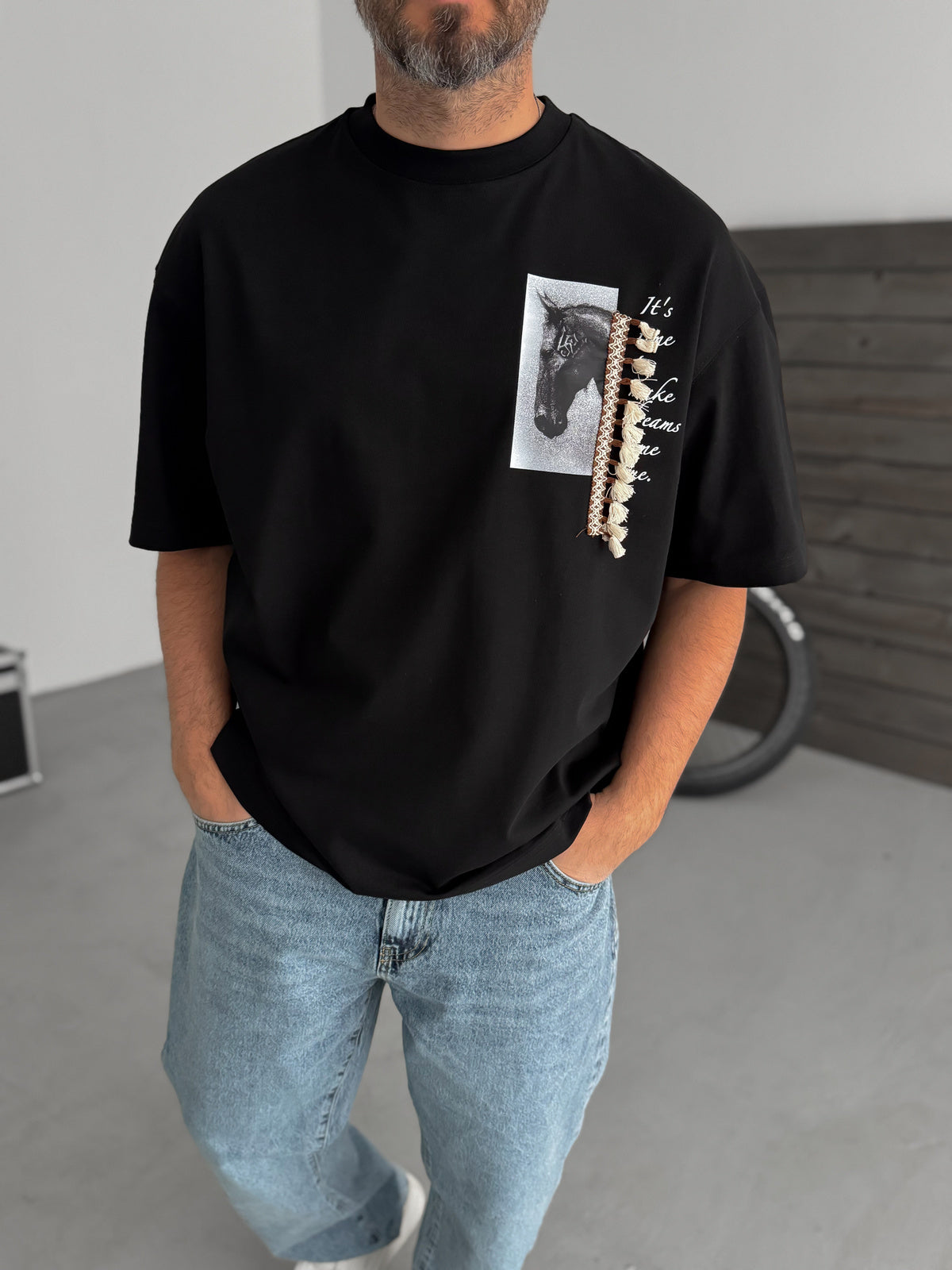 Black Tassel Horse Print Oversize T-Shirt